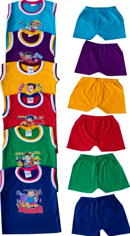 Baby Dress Boy and Girl Sleeveless Soft Hosiery Vests,Jhabla T-Shirt with Shorts Pants Dress Babies Night Suit Dress for Kids Infant Toddler New Born Clothes (Pack of 6) (6-12 Months)-image-11