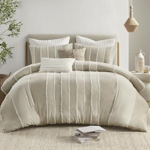 Image of Ink+Ivy King Duvet Cover Set Boho Duvet Covers Stripes, Clipped Jacquard, Cotton Duvet Cover for King Size Bed, All Season Lightweight King Bedding Cover & Shams, Shay, King /Cal King, Taupe 3 Piece