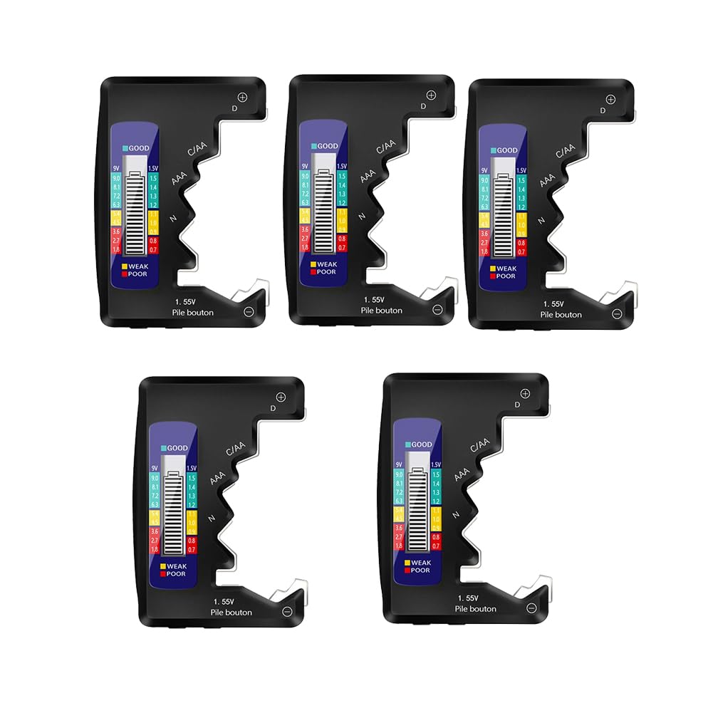 Plookyoe Black 5Pcs Digital Battery Tester Lcd Display Aa/Aaa/9V/1.5V Button Cell Battery Capacity Check Capacitance Diagnostic Tool,A