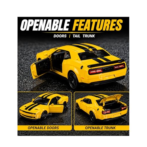Image of GRAPHENE 1:32 Scale Challenger Style Die Cast Muscle Sports Car Toy Metal Alloy Pull Back with Openable Doors Light & Sound Miniature Pull Back Racing Vehicle for Kids Boys Girls Age+3 (Yellow)