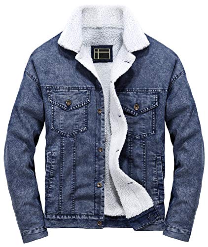 LifeHe Men's Casual Fleece Lined Fur Denim Jacket Winter Slim Fit Jeans Coat (Blue, M)