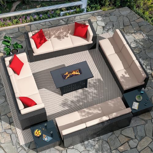 Image of Greesum Patio Furniture Sets 15-Pieces Outdoor PE Rattan Sectional Sofa w /43in Gas Fire Pit Table 55000 BTU Add Warmth to Gatherings Parties On Deck Garden Backyard,Beige