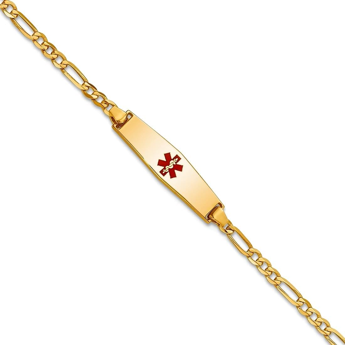 JewelryWeb 6mm 14k Solid Yellow Gold Medical Soft Diamond Shape Red Enamel Figaro ID Bracelet Identification Bracelet
