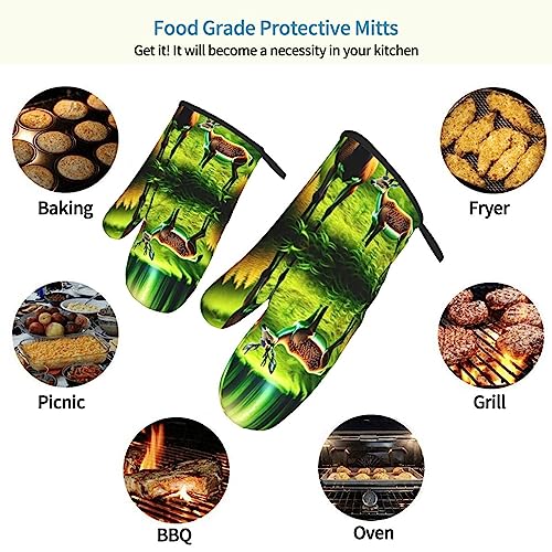 Cute Deer In The Forest Oven Mitts, Heat Resistant Kitchen Gloves For Bbq, Cooking, Grilling, Baking, Microwave, Set Of 2/11Inch #TOP3