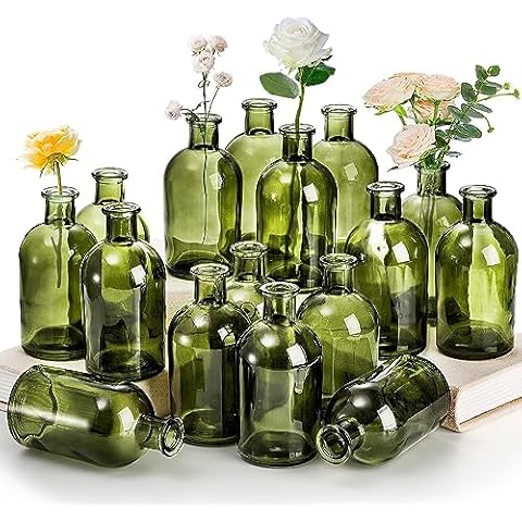 YOUEON 16 Pack Green Glass Bud Vases, Small Bud Vases in Bulk, Glass Flower Vases for Centerpieces, Vintage Decorative Bottle Vases for Flowers, Home Decor, Wedding Reception, Office Cover