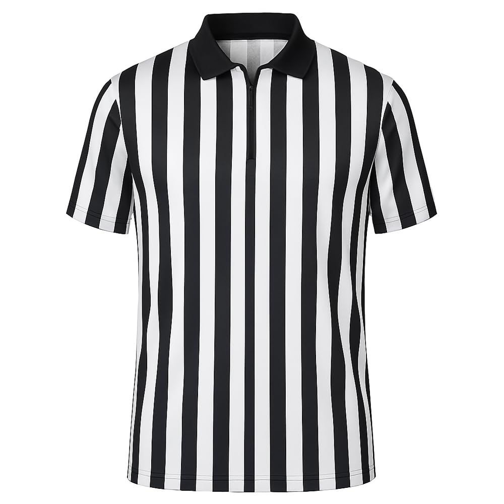 Nationwear Camiseta de Árbitro a Rayas para Hombre y Mujer – Clásica Camiseta Negra y Blanca con Cuello y Media Cremallera, Manga Corta, Ligera de Poliéster de Secado Rápido