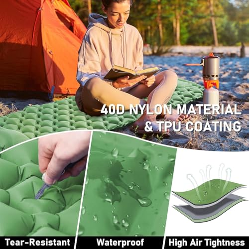 Camping-Sleeping-Pad-with-Compass-Ultralight-Inflatable-Sleeping-Mat-with-Pillow-Built-in-Foot-Pump-Portable-Camping-Air-Mattress-for-Backpacking-Hiking-Traveling-TentGreen