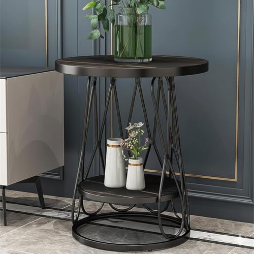Image of Modern Side Table Corners Living Room Square Table Double Tier Sofa Side Table,Round Base Coffee Table,Portable Bedroom Nightstands Small Space (Full Black)