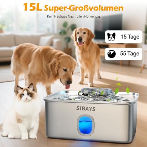 15L Trinkbrunnen für Katze, Großer Edelstahl Trinkbrunnen für Hunde mit tieferer & breiterer Trinkfläche, Ultra-leiser Katzenbrunnen mit LED & Sichtfenster - Ideal für große Hunde, Mehrere Haustiere