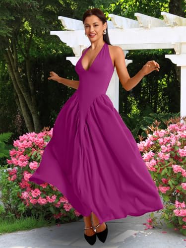 Image of ChiaoLezhee Deep V Neck Dress, Halter Maxi Dresses, Vacation Date Night, Sexy for Women Corset Flowy Wedding Guest Drop Waist