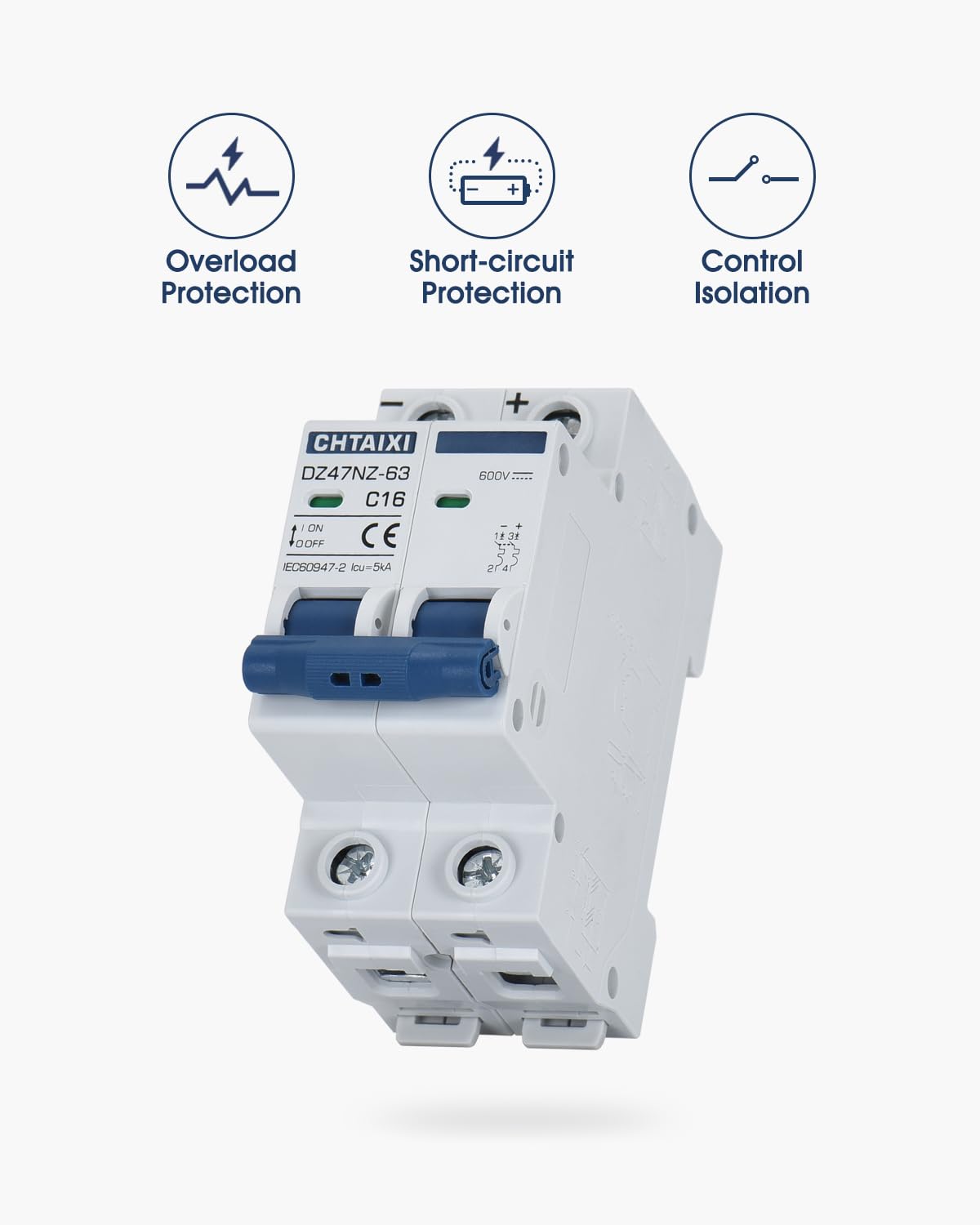 DC Miniatur Leitungsschutzschalter, 2-polig, 600 V, 20 Ampere, Trennschalter für Solar-PV-Anlage, thermische magnetische Auslösung, DIN-Schienenmontage, DC-Trennschalter C20