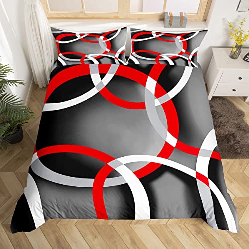 Géométrique Parure de Lit 200x200cm Moderne Retro Circle Passefil Housse de Couette Abstract Stripe Line Art Sets de Housse de Couette Gris Rouge Noir Blanc...