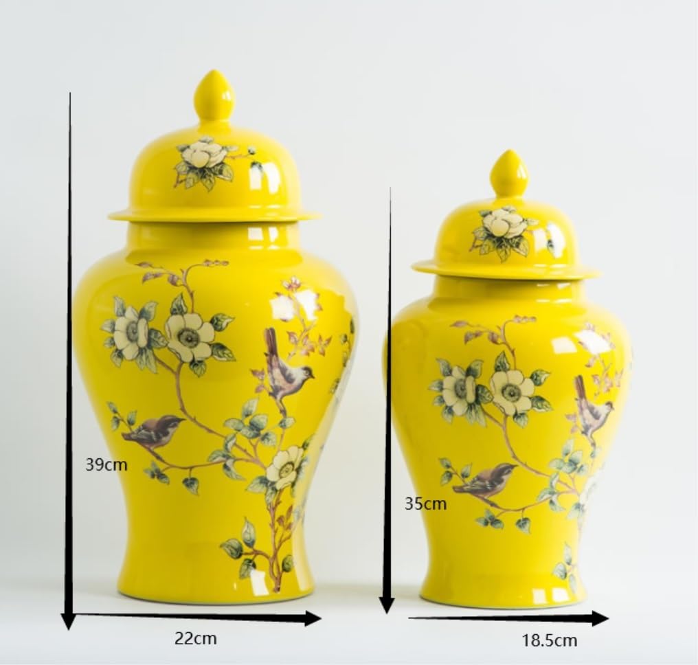 Dekoracyjny słoik na imbir, wazon, żółty ceramiczny słoik na imbir, wazony z pokrywką, kwiaty, ptaki, porcelanowy słoik do przechowywania, wazon, słoiki na imbir z pokrywką (18,5 * 35 cm)