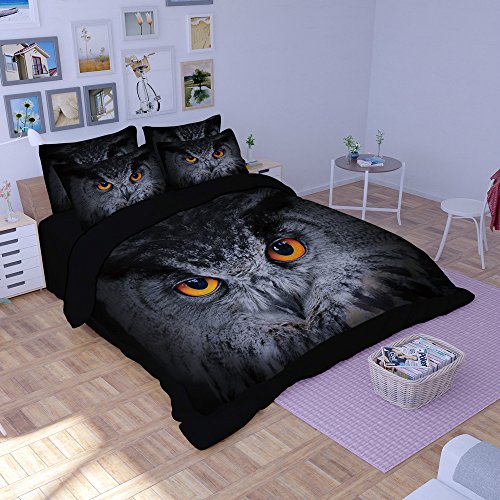 Ruihome Animal Black Owl Theme Full Size Duvet Cover Set With Zipper Closure, Teen Kids Bedding #TOP12
