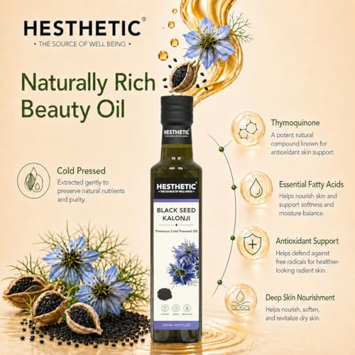 Image of HESTHETIC Cold Pressed Black Seed Oil Pack of 2 x 250ml | Pure Kalonji (Mangraila Tel) Edible Virgin Oil | High-Thymoquinone Food-Grade Nigella Sativa for Cooking, Salad & Daily Wellness
