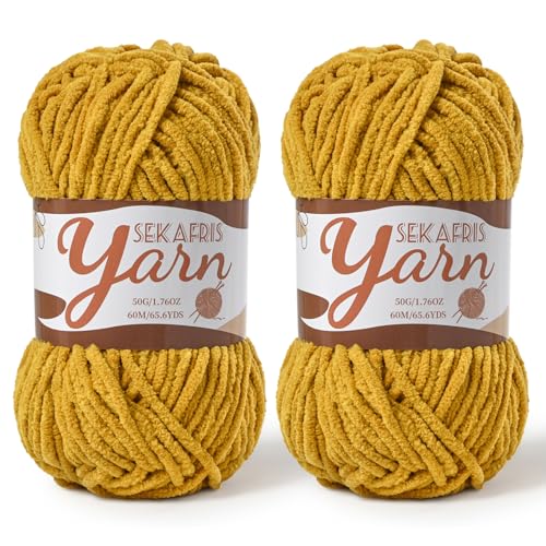 Image of 2 Pack Fluffy Velvet Yarn for Crocheting,Baby Blanket Yarn for Crocheting Soft,100g(131yds) Amigurumi Yarns,Plush Chenille Crochet Yarns,Puzzle Yarn for Crochet Weaving Craft(2 Turmeric)