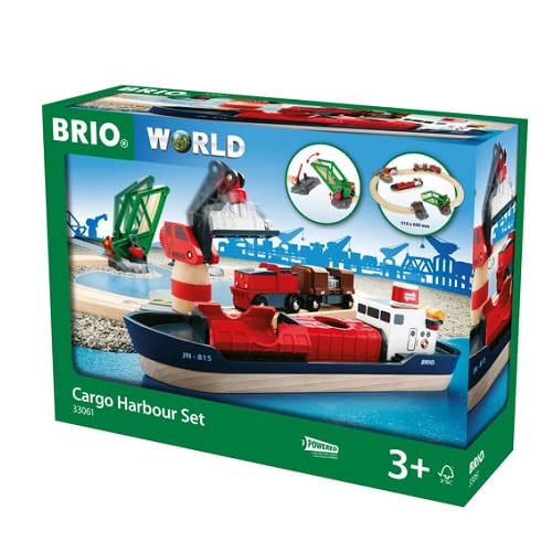 BRIO World 33061 Container Hafen Set - Mit Hafenbrücke und beweglichem Kran zum Beladen des Frachtschiffes - Geeignet für Kinder ab 3 Jahren & Bahn 33534 - Containerschiff mit Kranwagen