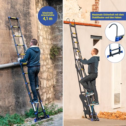 Teleskopleiter 3,2m TELESCOVA10+, Aluminium, Faltbar, Ausziehbar, Multifunktion, Maximale Arbeitshöhe 4,1m, Abnehmbare Haken, 5 Jahre Garantie