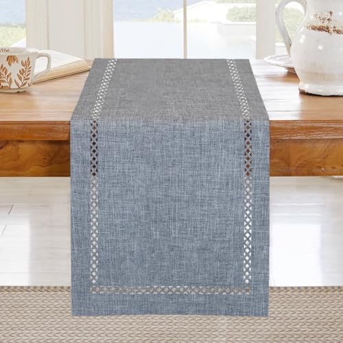 BAZIOE Moderne Chemin de Table Gris 183*33 cm Lavable Lin Chemin de Table Design Ajouré Aspect Lin de Haute Qualité Idéal pour Décoration de Fête de Vacances, Table...
