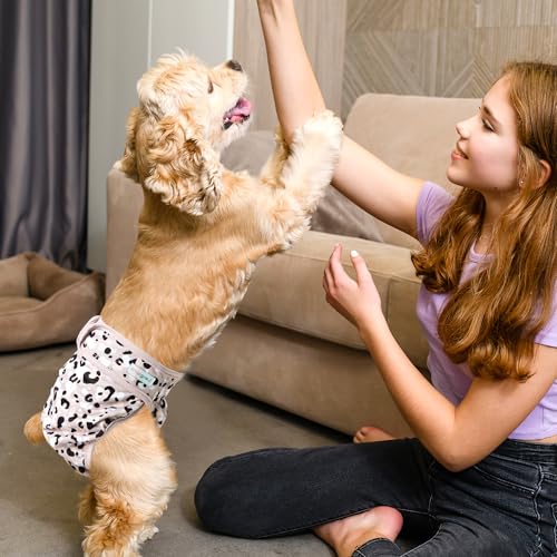 Image of Langsprit Washable Female Dog Diapers - Doggie Reusable Diapers for Doggy Puppy Female in Period - Highly Absorbent Dog Heat Panties Leopard S