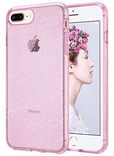 ULAK Clear Glitter Case for iPhone 8 Plus, iPhone 7 Plus Clear Shock Absorption Bumper TPU Protective Cover Case for Apple iPhone 7 Plus/iPhone 8 Plus (2017), Pink Glitter