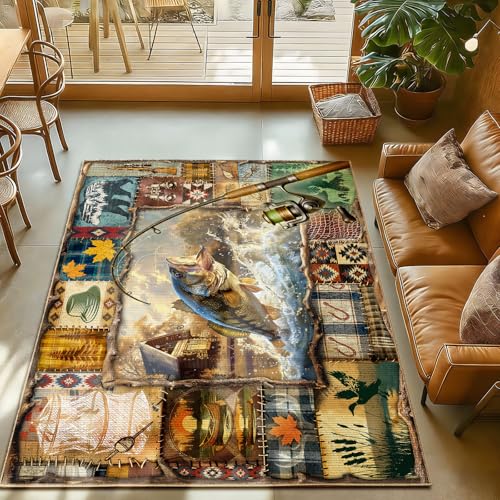 Tapete rústico para sala 5x7 ft con diseño de pesca miniatura 3