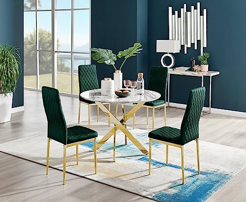 Furniturebox UK Novara White Marble Gold Leg Round Dining Table & 4 Green Velvet Milan Gold Leg Chairs