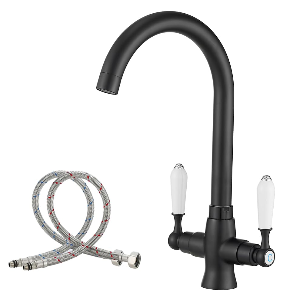 Haiba Kitchen Mixer Tap Sink Faucet 1 Hole Brass Material White Ceramic Dual Lever Monobloc Gooseneck High Arch 360 Swivel Spout Matte Black Sink Taps Deck Mount with Flexible Hoses