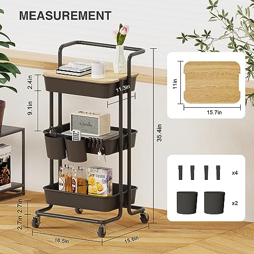 Image of DTK 3 Tier Rolling Cart Uility Cart with Cover Board, Mobile Storage Cart with Wheels, Cups, Hooks for Office Utility Kitchen Bathroom Homeschool Art Craft Postpartum Teacher Cart Organizer(Black)