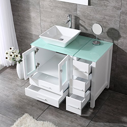 Bathjoy 36 Inch White Modern Wood Bathroom Vanity Cabinet Square Ceramic Vessel Sink Top Free Faucet Drain With Mirror thumb #4