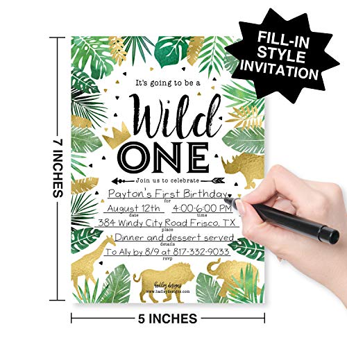 Image of Hadley Designs Kids Birthday Invitations For Boys and Girls Safari Theme - 25 Wild One 1st Birthday Party Invitations For Boys, Jungle Invites For Girls, Cute Animals Party Supplies, Made In USA
