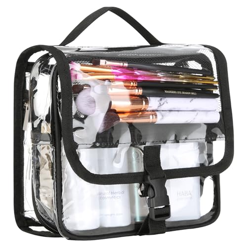 Clear Toiletry Bag with TSA Liquids Travel Bag, Hanging Travel Transparent Makeup Cosmetic Organizer, Waterproof Carry On Airline 3-1-1 Compliant Bag Quart Sized Luggage Pouch (Black-Clear)