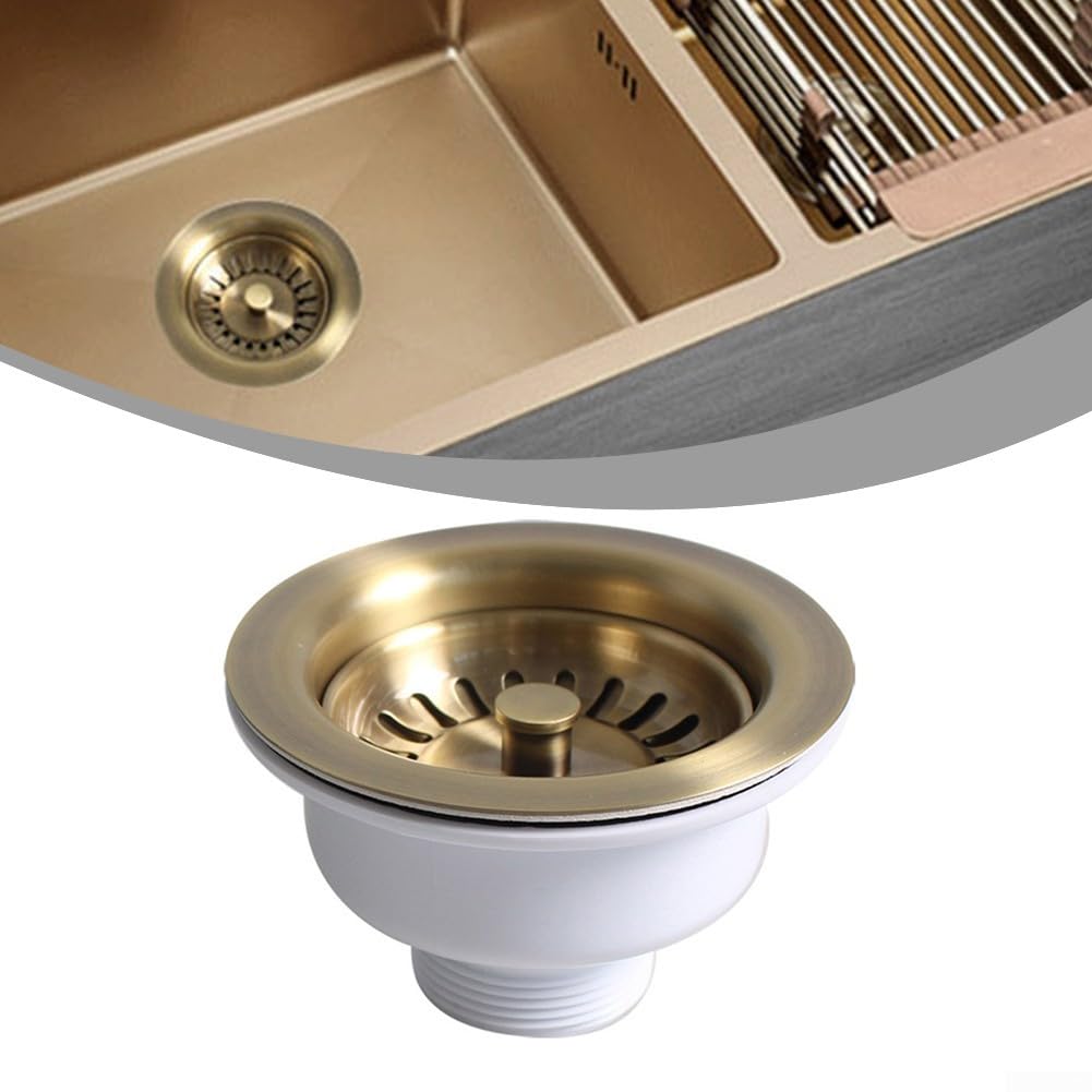 Panier d'évier de cuisine en acier inoxydable de 114 mm avec finition PVD cuivre doré, s'adapte à l'ouverture d'évier de 83 à 90 mm et au tuyau de vidange G1-1/2, remplacement robuste