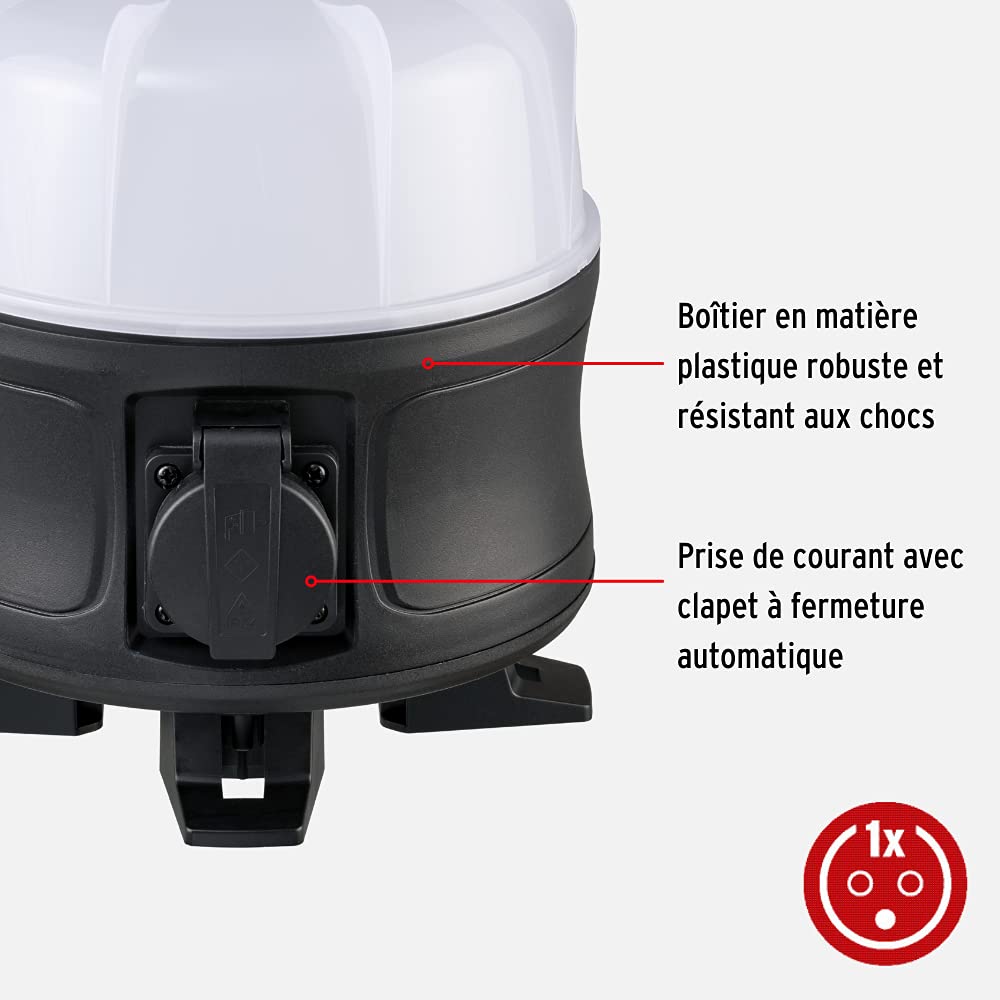 Brennenstuhl reflektor budowlany 360° / lampa robocza LED 50W (reflektor led 5400lm, kabel 5m i bryzgoszczelne gniazdo z samozamykajaca sie pokrywa, lampa robocza LED do uzytku na zewnatrz, IP54)