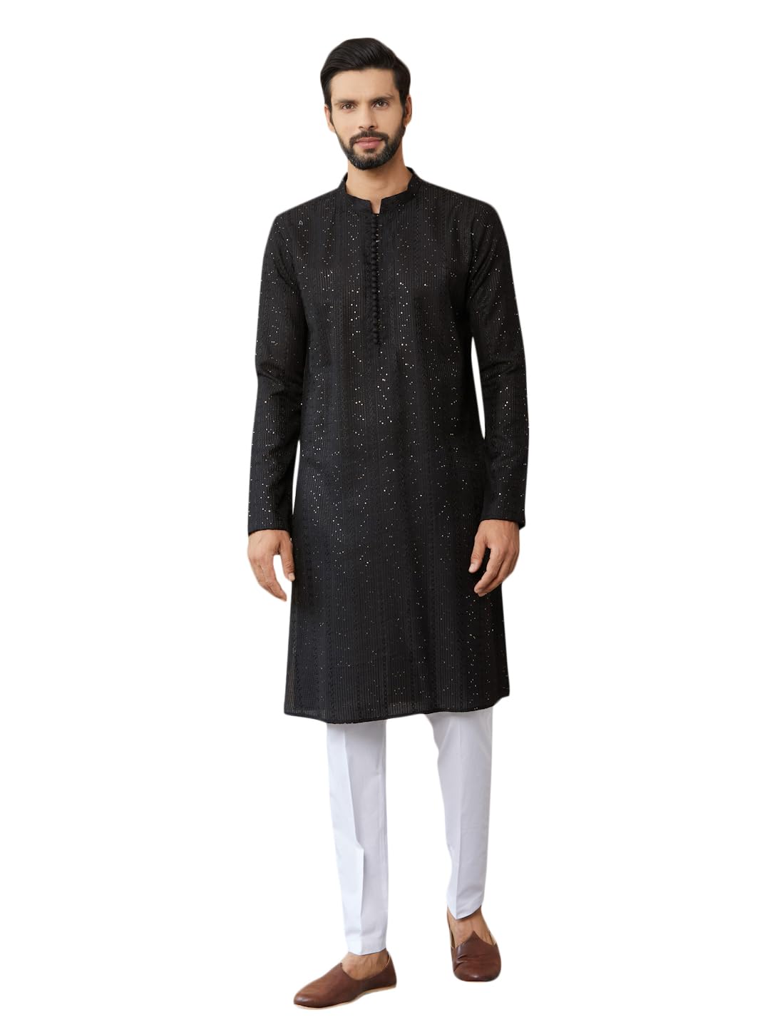 See Designs Men's Long Sleeve Mandarin Collar Side Slit Black Embroidered Thread Work Sequinned Chanderi Silk Straight Kurta - Sdkt2513M
