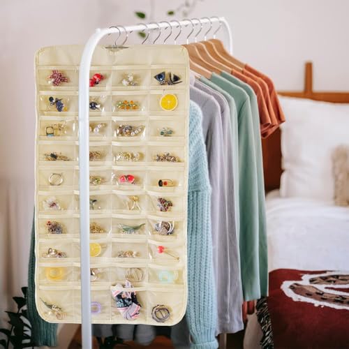 Image of Earring Organizer for Women | Hanging Jewellery Organiser with 48 Double-Sided Transparent Pockets | Earrings Holder, Necklace, Bangle Organizer | Jewelry Storage Organizer for Wardrobe Closet (Beige)