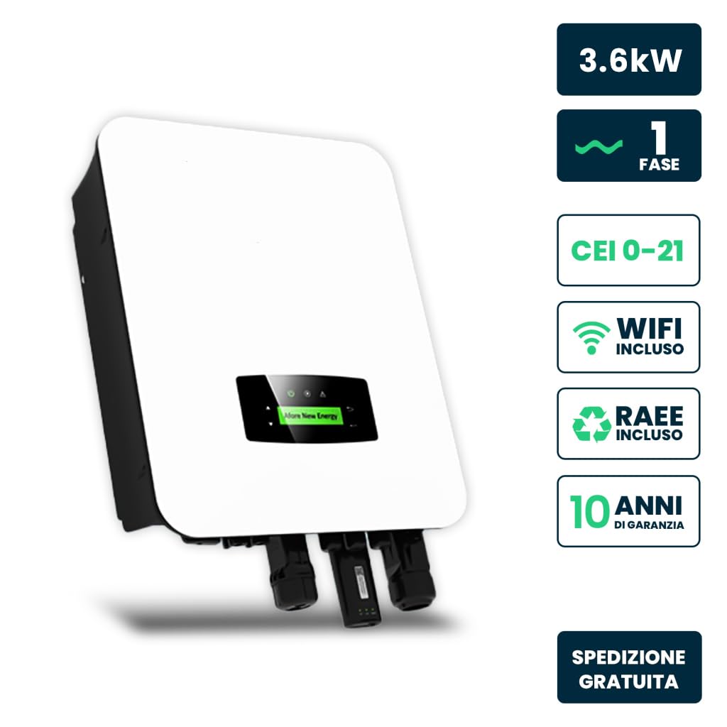 Inversor fotovoltaico monofásico, híbrido On-Grid/Off-Grid, certificado CEI 0-21, medidor inteligente integrado, WiFi y TA incluidos, IP65 (3,6 KW)