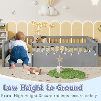 Mirightone Floor Bed for Kids, Full Size Montessori Bed with High Fence Railings, Wood Playhouse Beds with Rails, Light & Storage for Baby Boys Girls Teens, No Slats Included, Gray