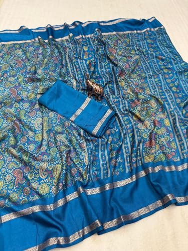 Image of Kalamkari Floral Prints Dola Silk Saree With Rich Zari Border Designer Pallu Attach Blouse Piece
