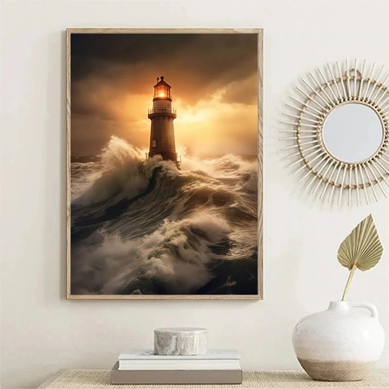 Fotografía de amanecer y olas en cuadro de faro sobre lienzo