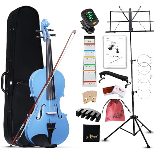 Aileen 4/4 Violín de Tamaño Completo para Adultos Principiantes, Fiddle Kit de Iniciación para Niños de 12 Años o Más, Azul Violín Set Estudiante con 13 Accesorios, incluyendo Atril, Pegatina Nueva