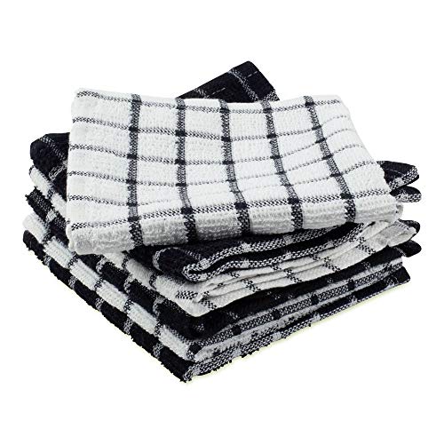 DII Cotton Terry Windowpane Dish Cloths Machine Washable, Absorbant and Multi-Use, 12x12, Black