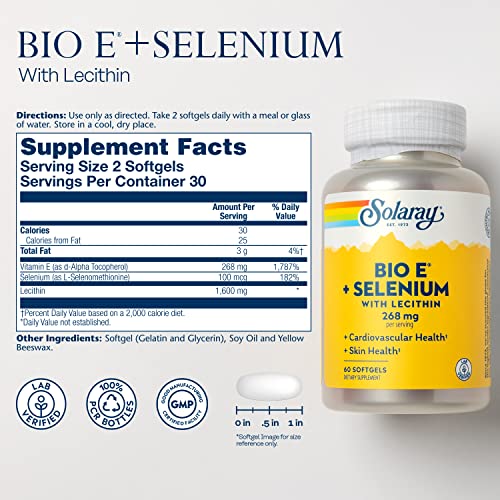 Solaray Bio Vitamin E With Selenium, Vitamin E 400 Iu Softgels Plus Selenium 100 Mcg, Healthy Skin And Heart Support, High Absorption, Lab Verified, 60-Day Guarantee, 30 Servings, 60 Softgels #TOP1