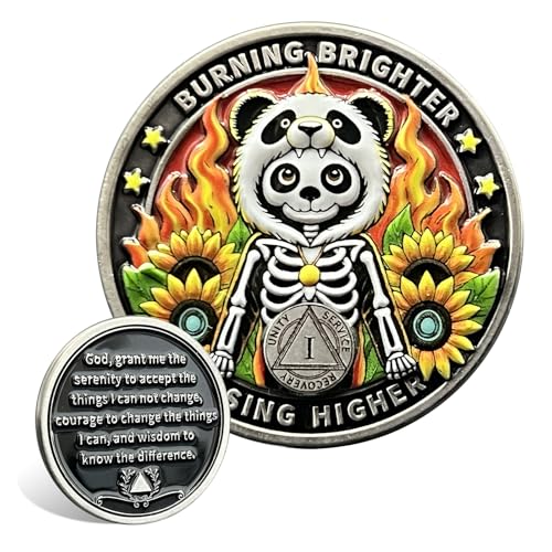 Leafence Sobriety Coin Panda Skeleton Design Sobriety Coin Recovery Addiction NA AA Chips and Medallions Challenge Coin Narcotics Alcoholics Anonymous Gifts (Panda Skeleton - Grey, 1 Year)