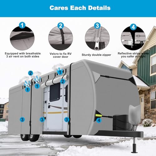 RV Cover for 22-24 ft Travel Trailers, Heavy Duty Camper RV Cover Breathable, Weatherproof & UV Resistant Motorhome Trailer Cover with Gutter & Tongue Jack Covers (Oxford Travel Trailer Cover) - 3