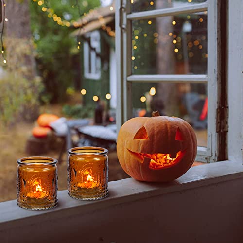 Qucover Amber Votive Candle Holders, Set Of 12 Tealight Candle Holders Vintage Embossed Copper Amber Glass Decor For Outdoor Parties, Birthday, Christmas Table Decorations #TOP6