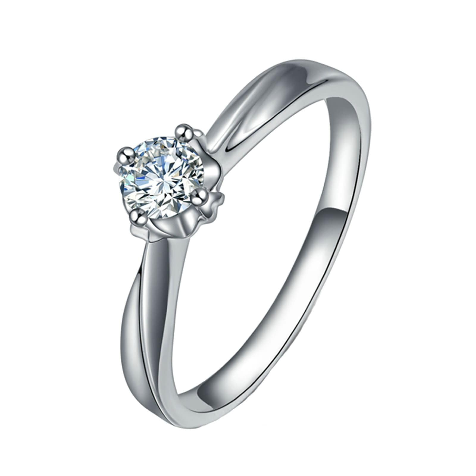 Donna Anello Fidanzamento in Oro Bianco 9 K / 14 K / 18 K, 4 Griffe Solitario Rotondo con Diamante da 0,24ct, Argento Donna Anello Fedi Nuziali