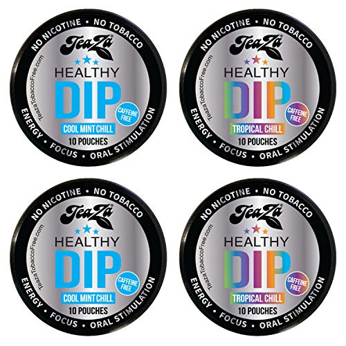 TeaZa Herbal Energy Cool Mint Chill & Tropical Chill Flavor Pouches, Nicotine & Tobacco Free Energy Dip Pouches (4 Pack)