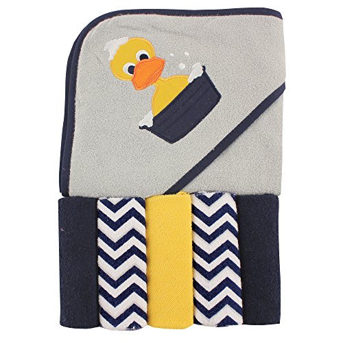 Image of Luvable Friends Unisex Baby Hooded Towel with Five Washcloths,cotton,polyester, Duck, One Size