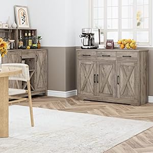 HOSTACK Modern Farmhouse Buffet Sideboard Cabinet, Barn Doors Storage Cabinet with Drawers and Shelves, Wood Coffee Bar Cabinet with Storage for Dining Room, Kitchen, Living Room, Ash Grey HOSTACK Modern Farmhouse Buffet Sideboard Cabinet Barn Doors Storage Cabinet with Drawers and Shelves Wood Coffee Bar Cabinet with Storage for Dining Room Kitchen Living Room Ash Grey